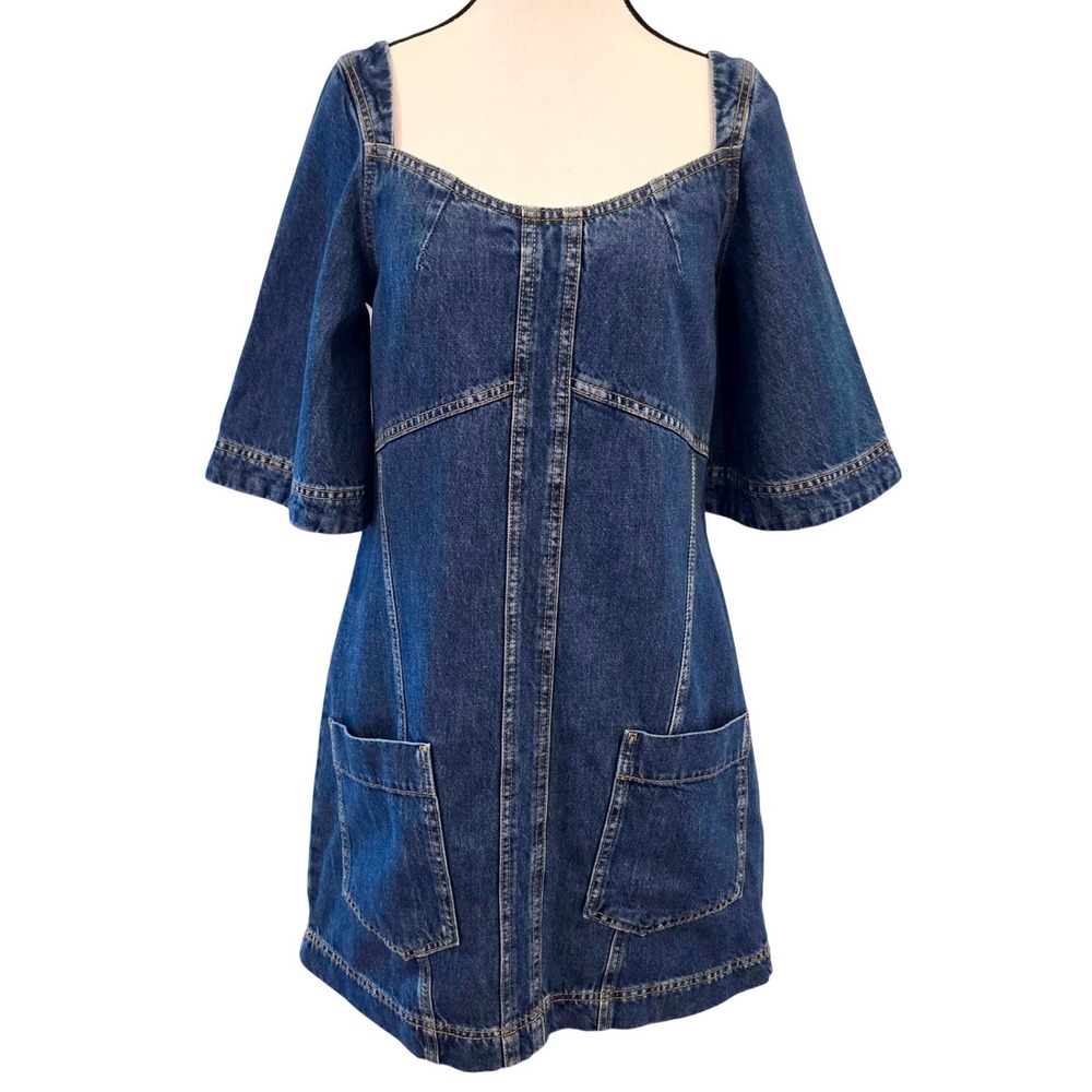 Stine Goya Yvonne Denim Mini Dress S Blue Square Neck Flutter Sleeve Topstitch